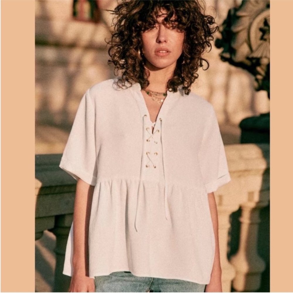 Sezane White Lace-Up Blouse